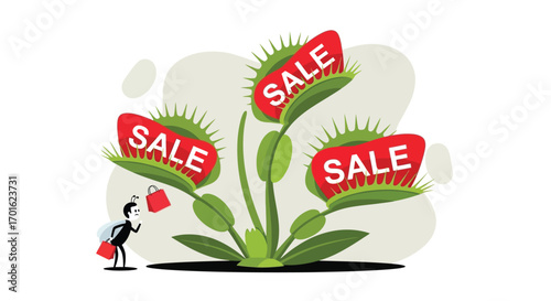 Ant attracted to Venus flytrap with sale signs.