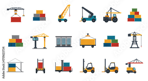 Flat design shipping and cargo icons featuring cranes, containers, and forklifts