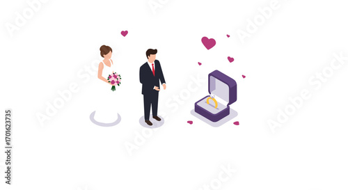 Wedding ceremony love: isometric bride and groom with engagement ring