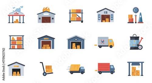 Warehouse and logistics icons in flat style for supply chain management