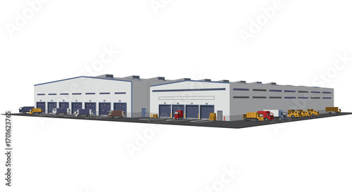 Modern logistics center with trucks in flat design