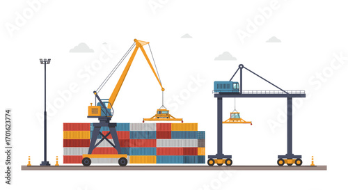 Modern port scene with cargo cranes and containers