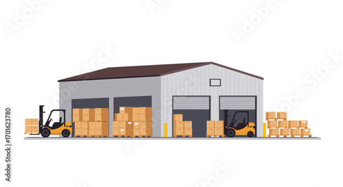 Warehouse building with forklifts and stacked boxes in flat design style