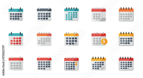 Flat style calendar icons set with various colors and designs for business planning
