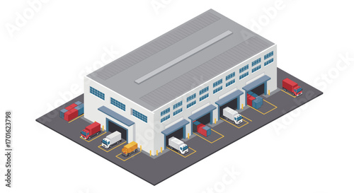 Isometric warehouse facility with loading docks and trucks
