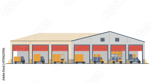 Flat style warehouse with delivery trucks and cargo boxes for logistics and distribution