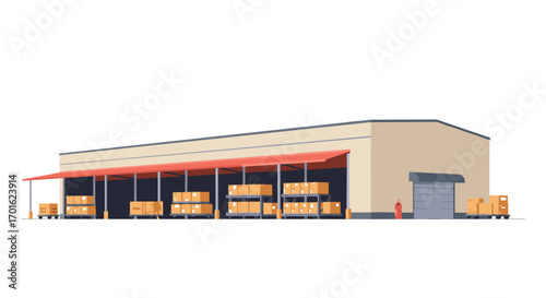 Modern warehouse building with loading dock and delivery trucks