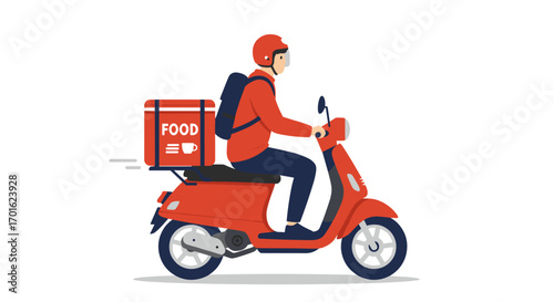 Flat design delivery person on scooter with food box for fast service concept