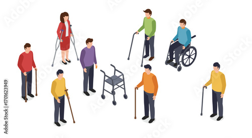 Inclusive mobility aids: isometric design featuring diverse characters with crutches, canes, and wheelchair