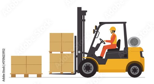 Forklift operator moving cargo boxes in flat design for logistics and warehousing