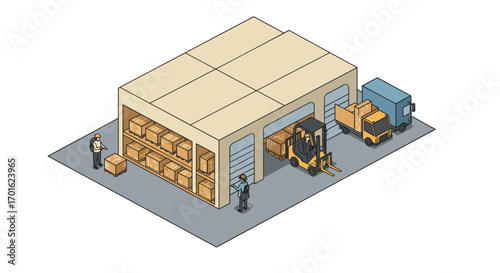 Isometric warehouse scene with workers, forklift, and delivery trucks for logistics