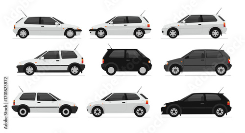 Side view of compact cars in various colors and designs