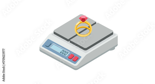 Isometric digital scale measuring gold ring with ruby gemstone on white background