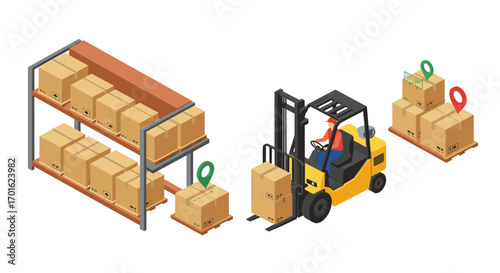 Efficient warehouse logistics: forklift handling and storage solutions in isometric style