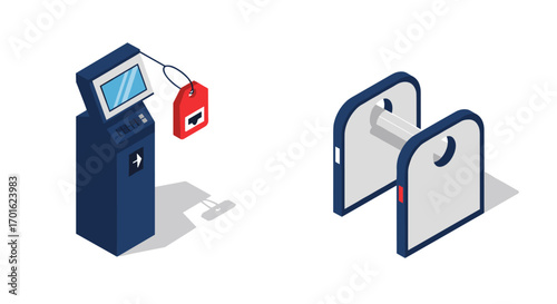 Isometric airport kiosk and turnstile for self-service check-in