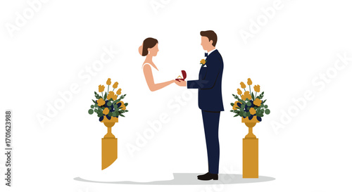 Elegant wedding scene with bride and groom exchanging rings in minimalist style