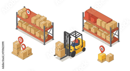Warehouse logistics with forklift and packages in isometric design