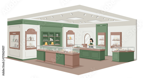 Modern jewelry store interior with display counters and lighting
