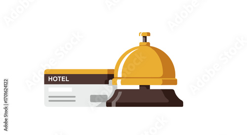 Modern hotel bell icon with room key card on white background