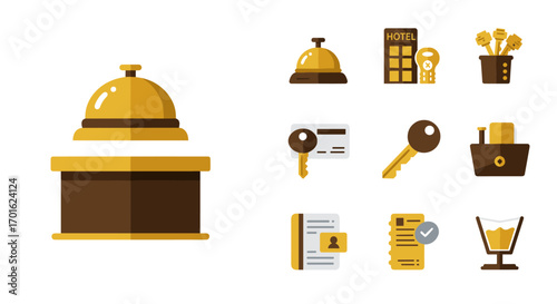 Hotel services icon set featuring bell, key, reception, and booking symbols
