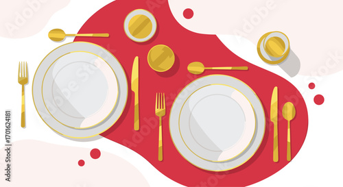 Elegant Table Setting for Two with Gold Cutlery and White Plates.