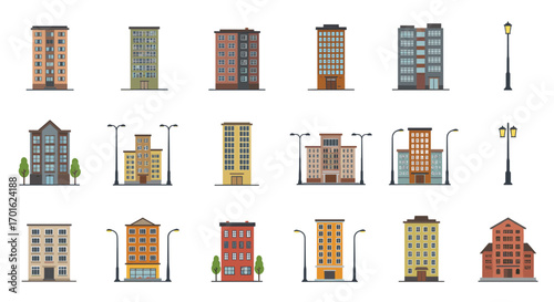 Diverse urban apartment buildings and streetlamps collection in flat style