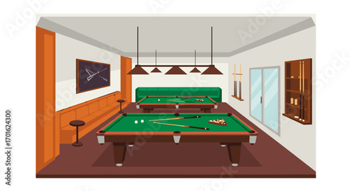 Modern billiard room with pool tables in cozy lounge setting