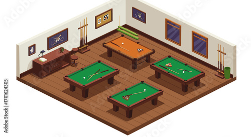 Isometric billiard room with pool tables and classic decor
