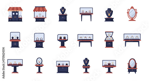 Elegant jewelry store display collection featuring necklaces and watches in flat design