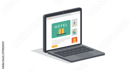 Isometric laptop displaying hotel booking website with modern interface design