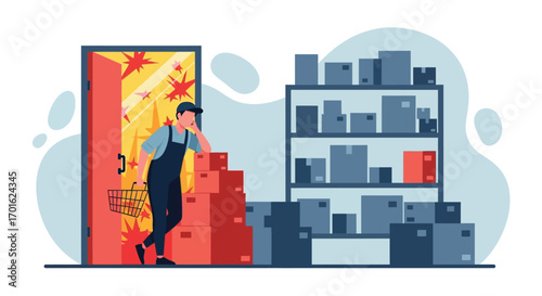 Delivery man carrying boxes entering a warehouse.