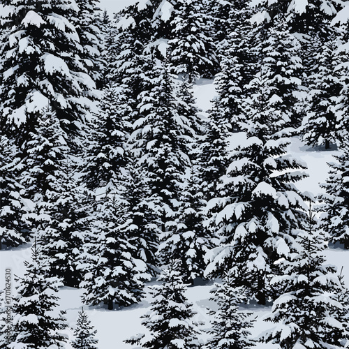 Winter forest illustration with snow-covered evergreen trees and a peaceful landscape view, patern seamless, Stock royalty image.
