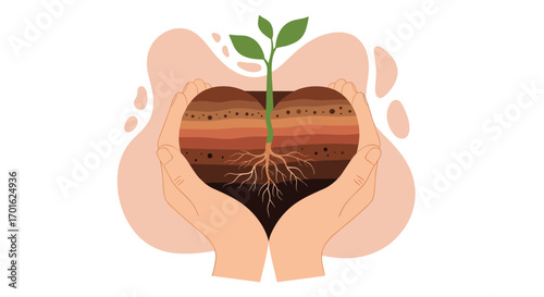Hands holding a heart shaped soil with a plant growing from it symbolizing growth and care.