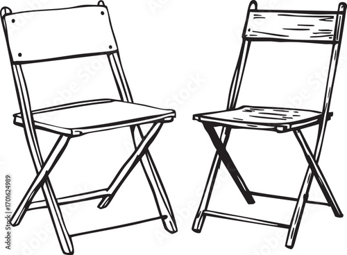 Set of two folding chairs black and white line art illustration with slatted seats, crossed legs, and simple wooden design