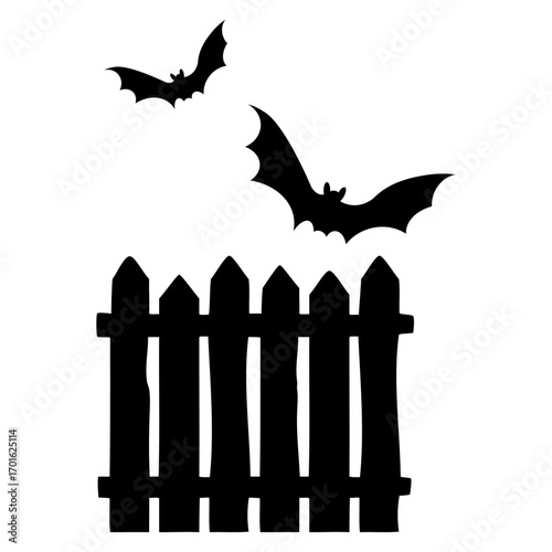 Logo con silueta de murciélagos volando con valla rústica de estacas de madera para su uso en invitaciones y tarjetas de Halloween
