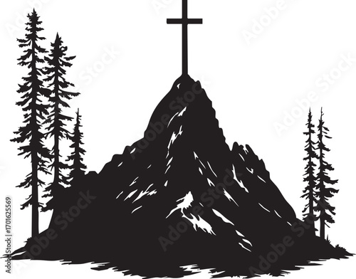 Mountain silhouette with cross and pine trees black and white illustration for faith, nature, and spiritual themes