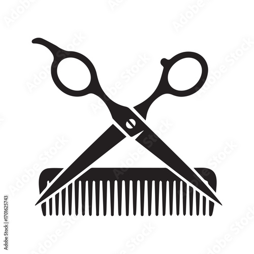 Hairdresser scissors and comb icon, barbershop symbol, black and white vector silhouette of hairstyling tools.
