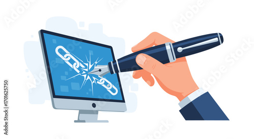 Hand holding pen writing on computer screen breaking chain link symbol.