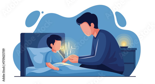 Father comforting his son in bed at night.