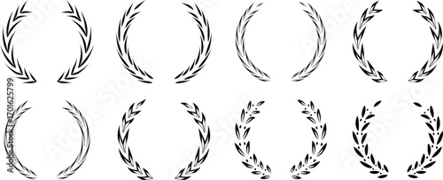 Vintage Laurel Wreath Icon Set – Black Olive Branch Circular Awards and Victory Symbols"
