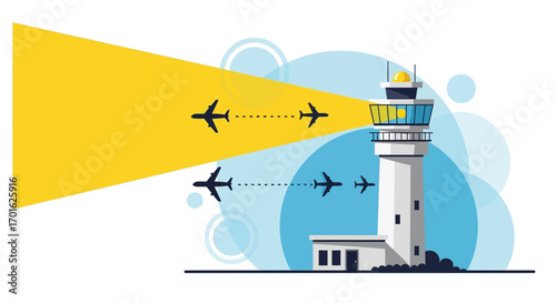 Air Traffic Control Tower Guiding Airplanes Safely Through Sky.