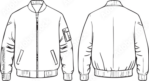 Bomber jacket technical drawing front and back black and white illustration with zipper, pockets, ribbed cuffs and collar