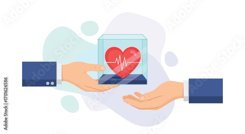 Hands exchanging a heart with a heartbeat line inside a glass box.