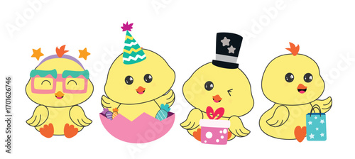 Duck birthday character clipart drawing set. Cute yellow duckling clip art with party elements like clown, gift box and candies sitting in egg shell with cute and happy face hand drawn outline