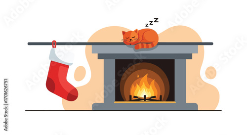 Cozy Christmas scene with a sleeping cat on a fireplace mantel and a stocking.