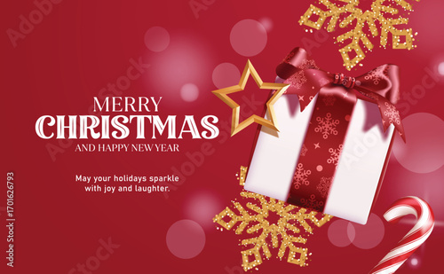 Merry Christmas red greeting card clipart design. Merry Christmas greeting clip art with gift box, glitter snowflakes, gold star and candy cane decoration elements in red background
