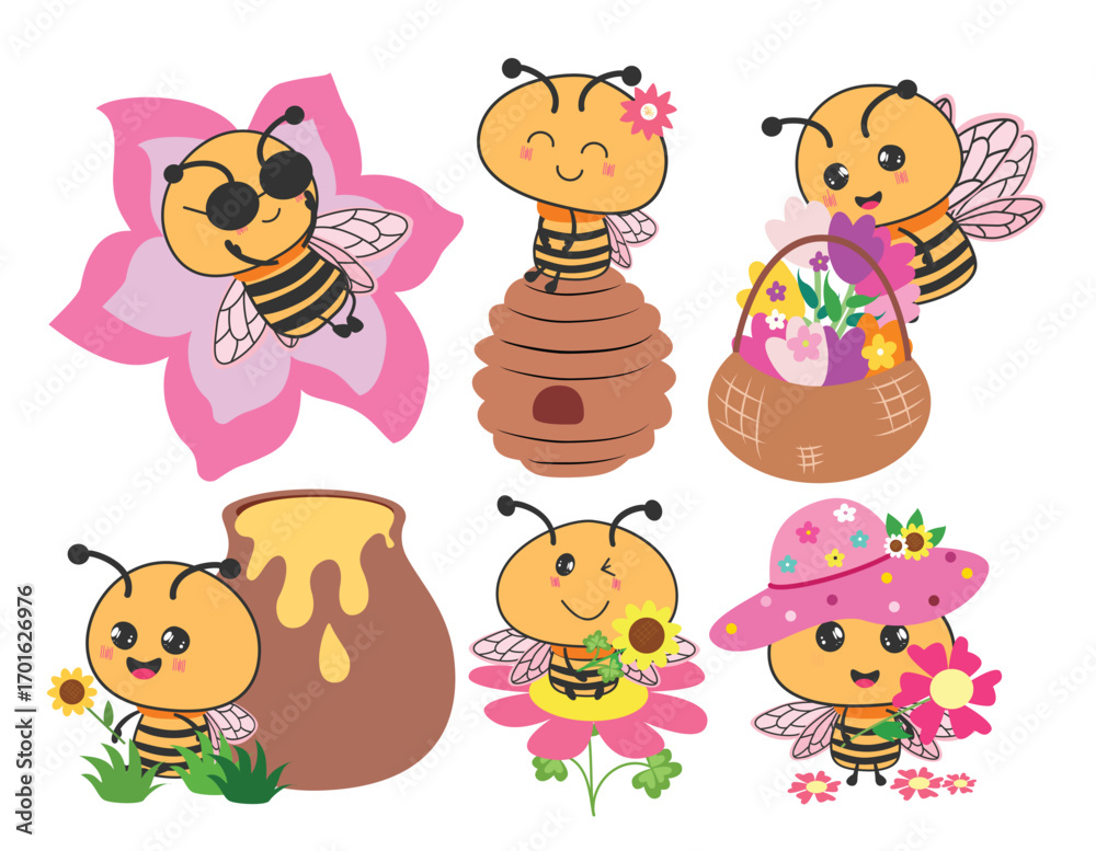 Fototapeta premium Bee character clipart drawing set. Cute yellow honeybee clip art collection flying, sitting in beehive, holding colorful flowers, wearing pink hat and sunglasses with jar elements in cute