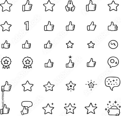 Set of rating and interface icons black and white line art illustration featuring thumbs up, stars, ribbons, and speech bubbles