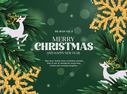 Merry Christmas greeting card clipart design. Christmas card in green and gold template with glitter snowflakes and pine tree leaves clip art elements for holiday season bokeh background