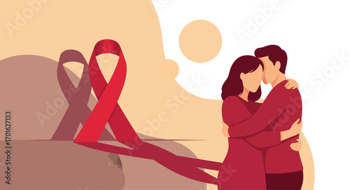 Couple Embracing with Red Ribbon Symbolizing AIDS Awareness.